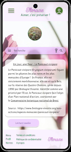 Prototype haute-fidélité montrant la page d'accueil du site web responsive pour la fleur en voie de disparition partie mobile